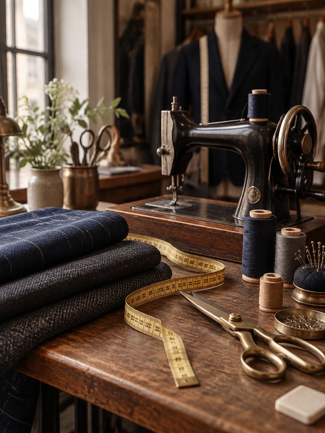 A tailor's workbench with a sewing machine, folded wool fabric, a measuring tape and brass scissors