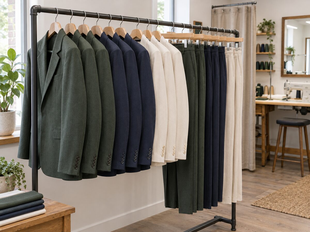 Tailored jackets and trousers on a rail in an alterations shop