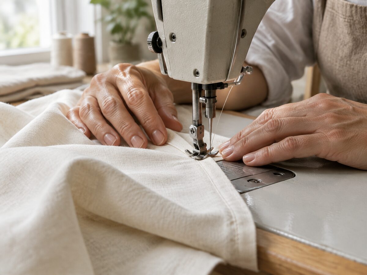A tailor's hands guiding fabric under a sewing machine